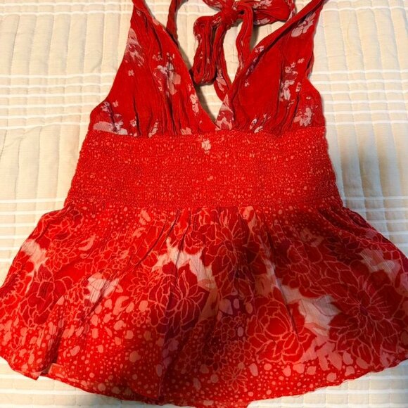 Free People Tops - Like New Free People Red Floral Halter Top Size Small